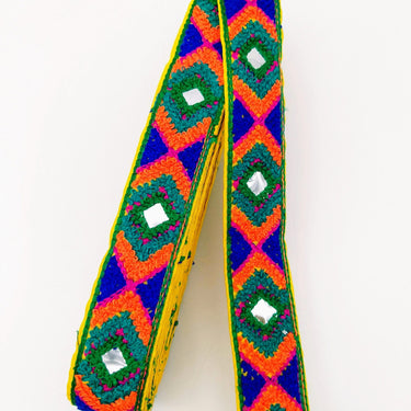 Yellow Cotton Fabric Embroidered Mirrored Trim In Green, Orange & Blue, Bohemian Trim